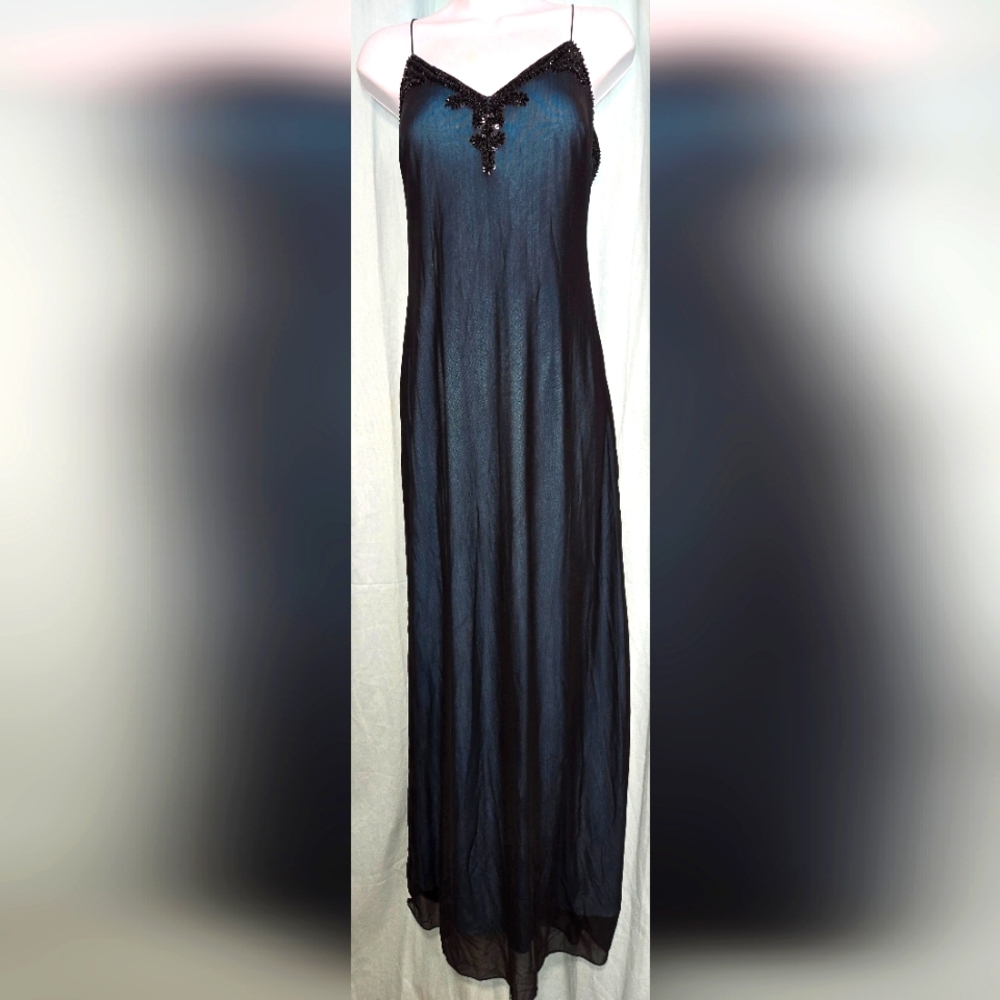 Rimini Embellished Emerald Evening Gown w/ Sheer Black Overlay